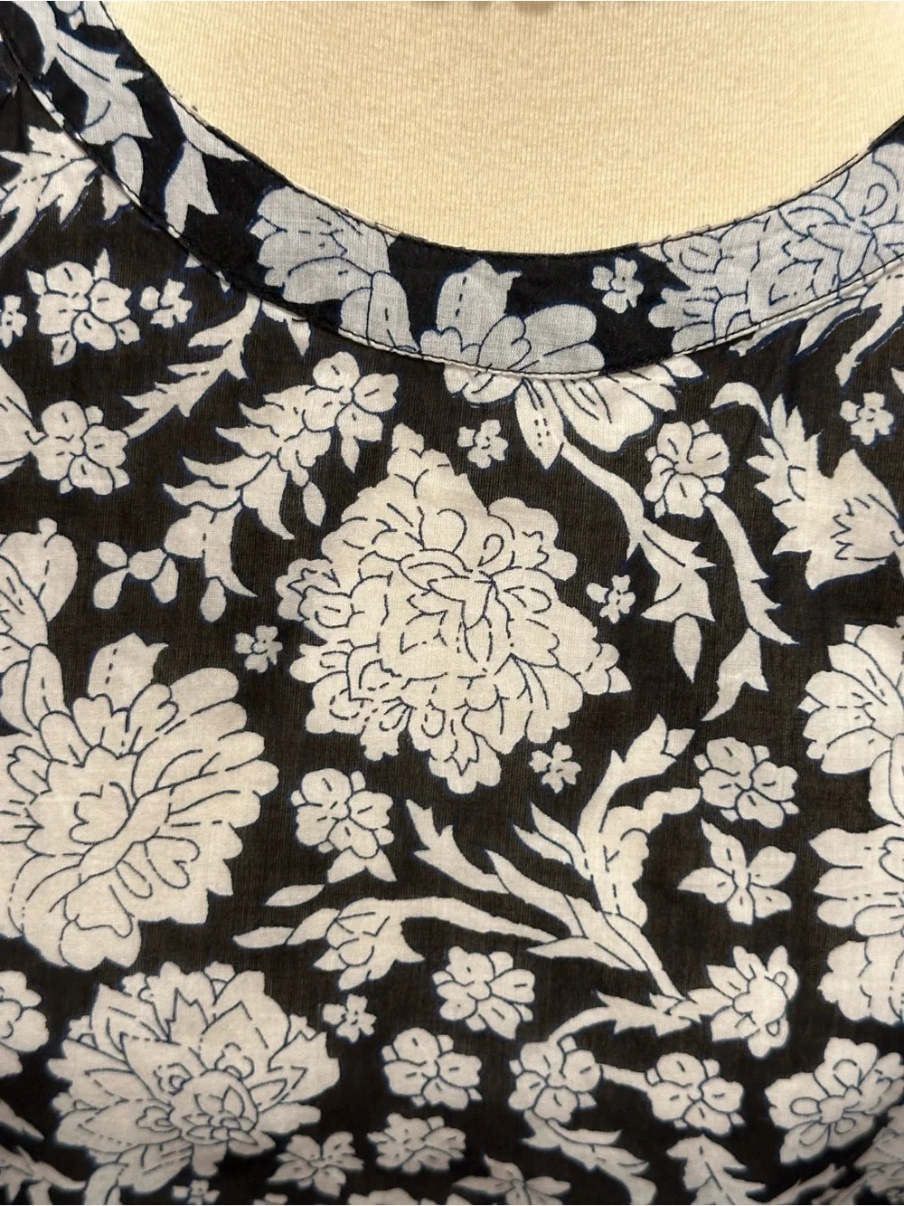 Anthropologie Black and White Floral Puff-Sleeve Top with Blue Trim